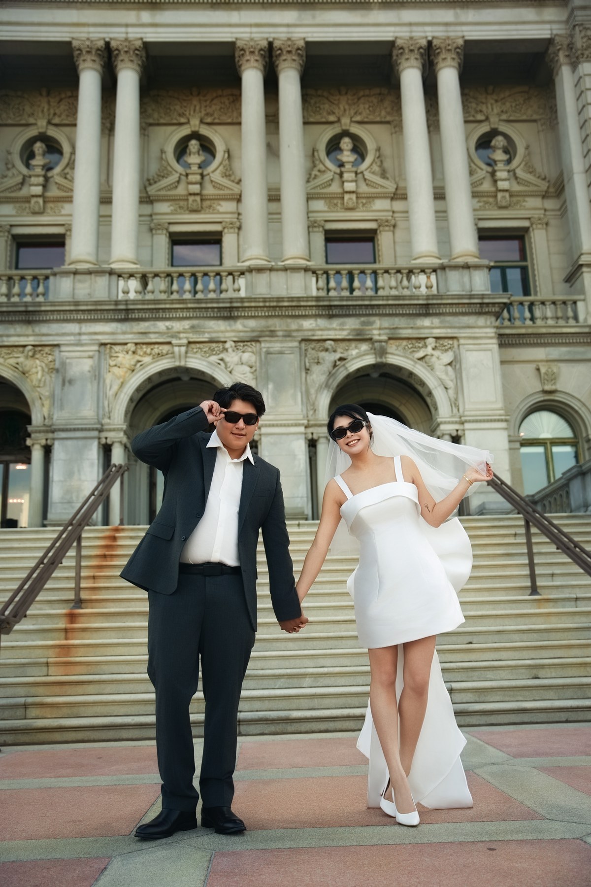Kevin Socola Films luxury wedding couple Library of Congress Washington DC bride veil short dress sunglasses